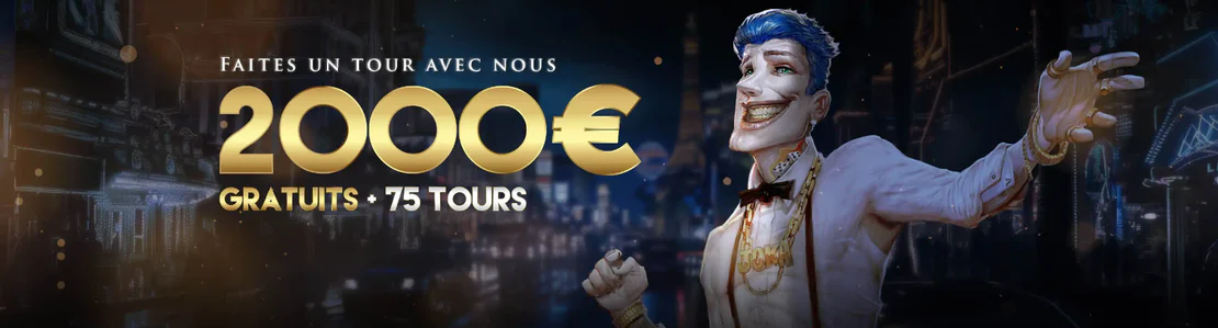 Casino Joka Club bannière de bienvenue avec un bonus de 2 000 € et 75 tours gratuits, accompagnée d'un personnage souriant aux cheveux bleus